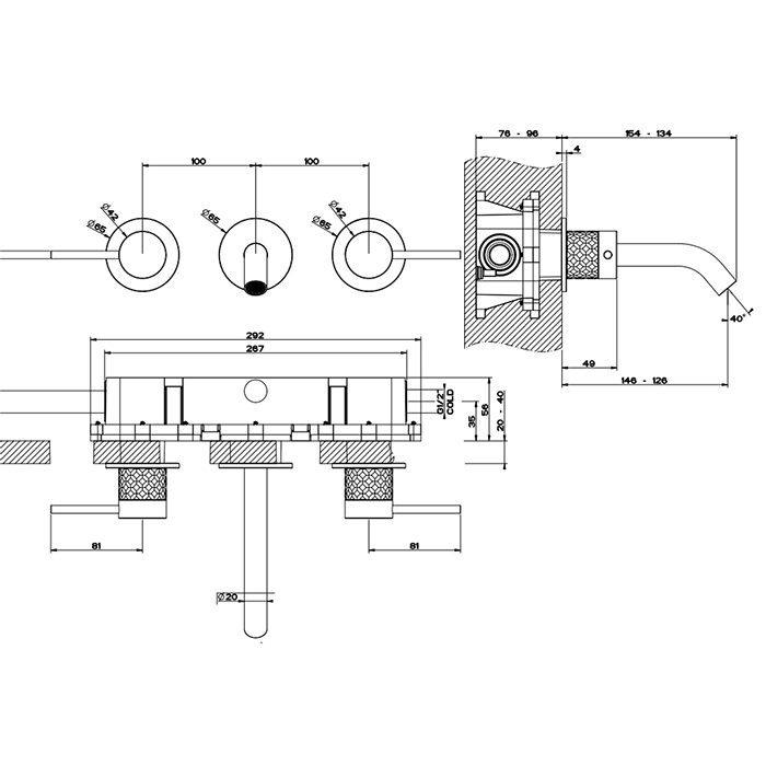 Смесители Встраиваемый смеситель для раковины с изливом 127-147 мм, цвет: brushed black metal pvd 