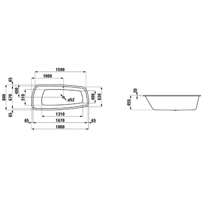 Ванны Ванна 1800x800x455мм, встраиваемая, ассиметричная, без слив-перелива, борт 20мм, материал: акрил, цвет: белый 