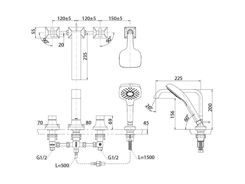 Смесители Смеситель для ванны в борт на 4 отверстия 