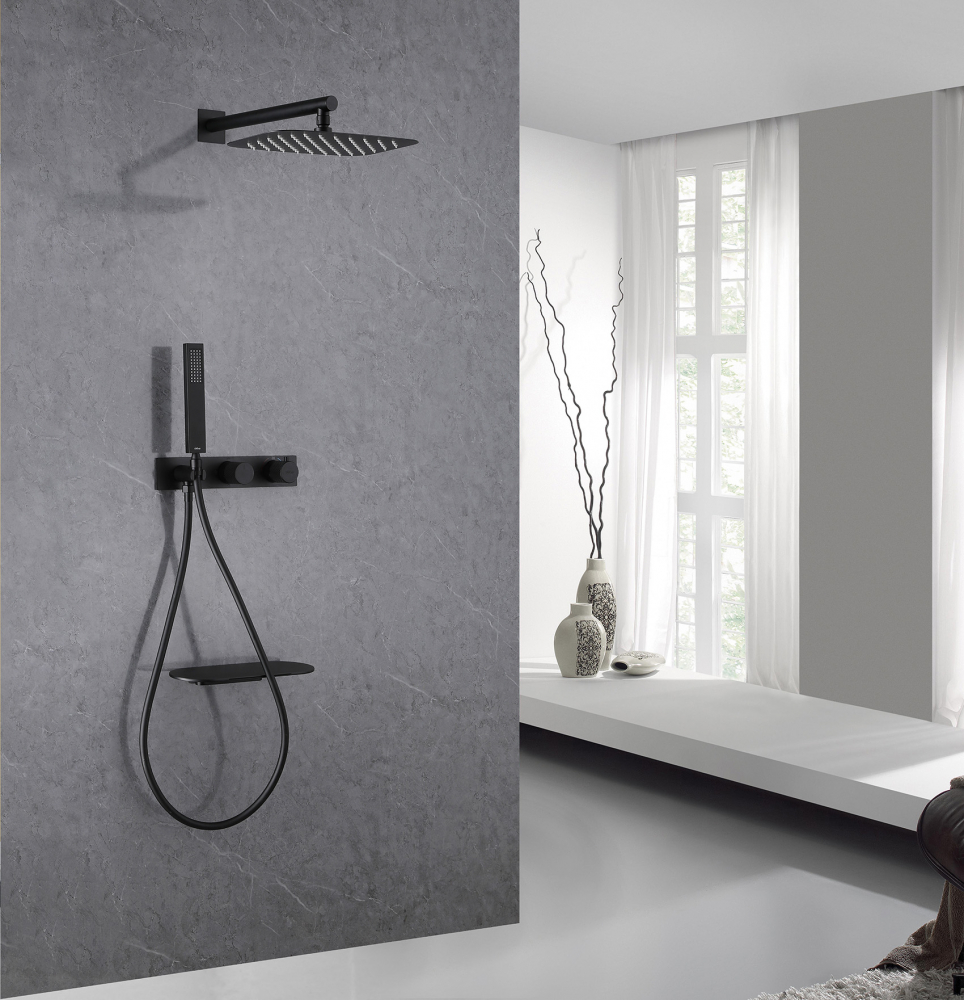 Душевая программа Душевая система скрытого монтажа с изливом, термостат, черная матовая 