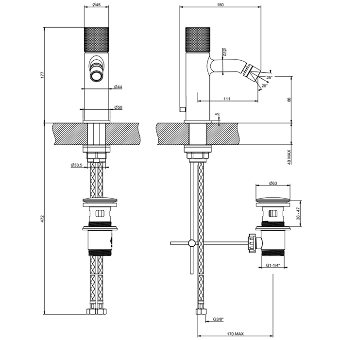 Смесители Cesello Смеситель для биде на 1 отв., с донным клапаном, цвет: Black Metal PVD 
