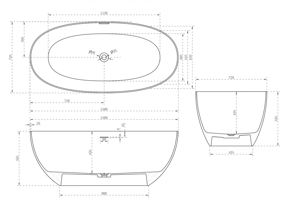 Ванны Ванна из искусственного камня белая матовая 150x72 