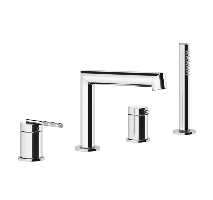 Смесители Gessi Ingranaggio Смеситель для ванны на 4 отверстия с каскадным изливом, девиатор, шланг , лейка, цвет: хром 