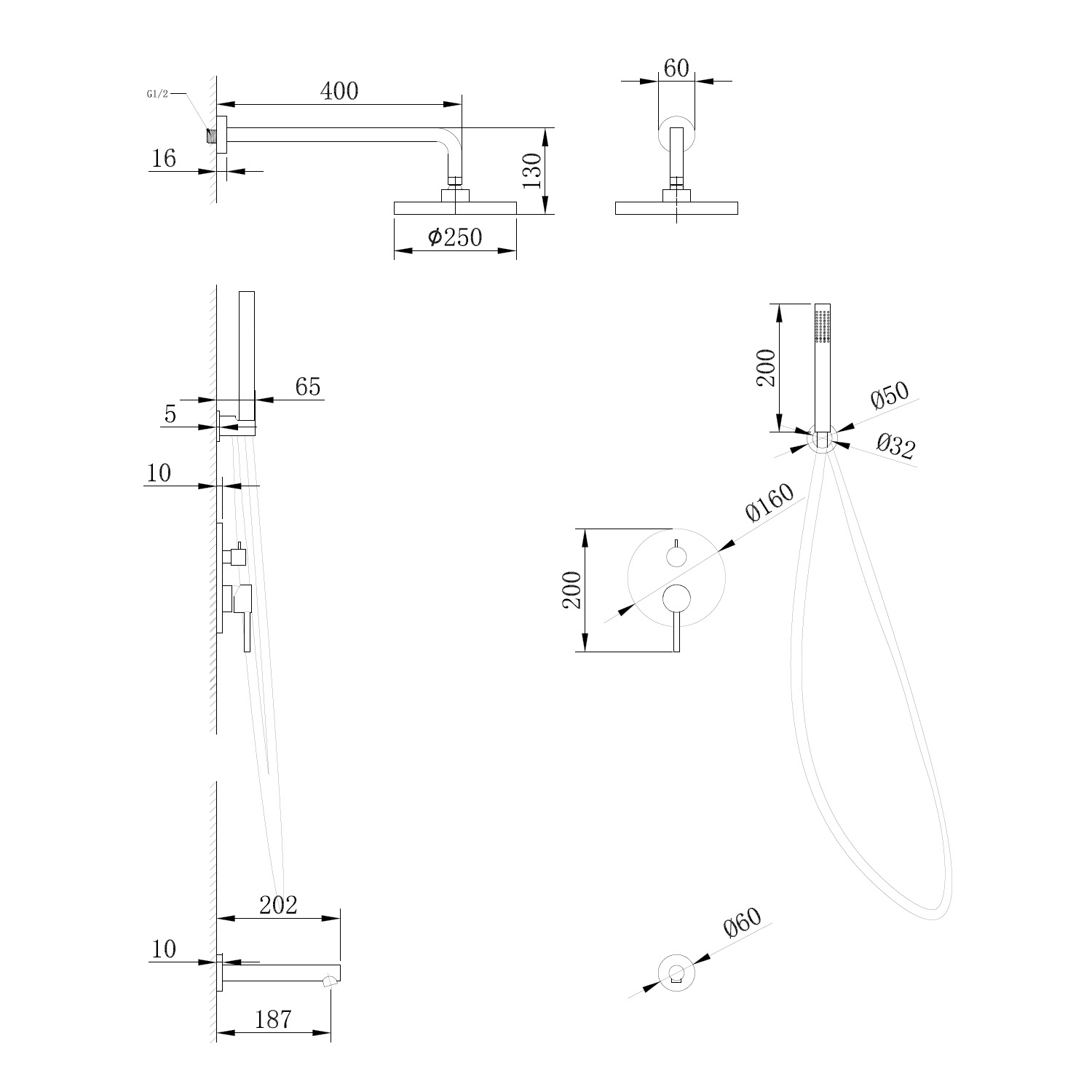 Душевая программа Душевая система скрытого монтажа с изливом, черная матовая 