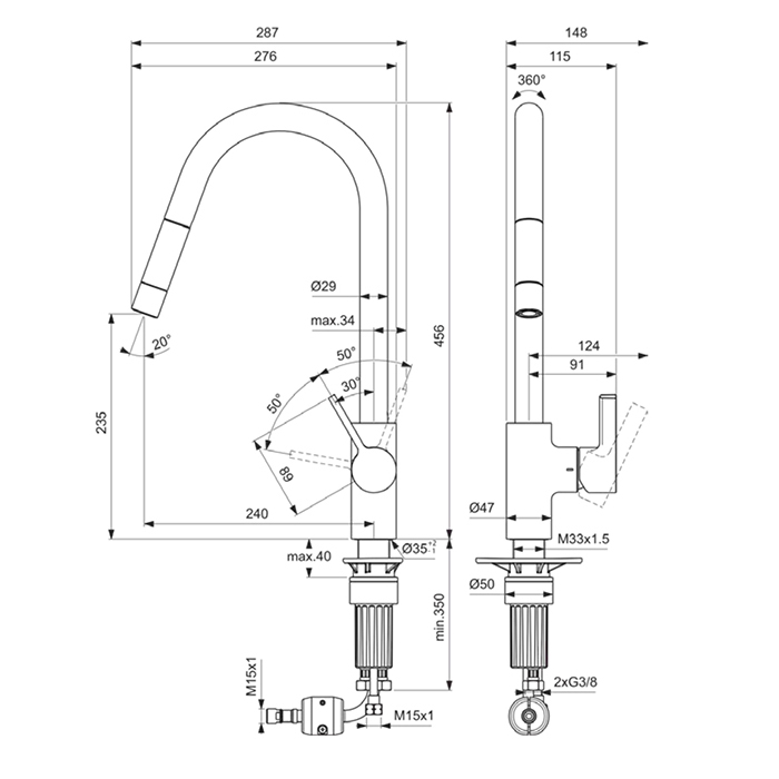 Смесители для кухни Смеситель для кухни высокий с выдвижным изливом, поворотный 360, цвет хром 