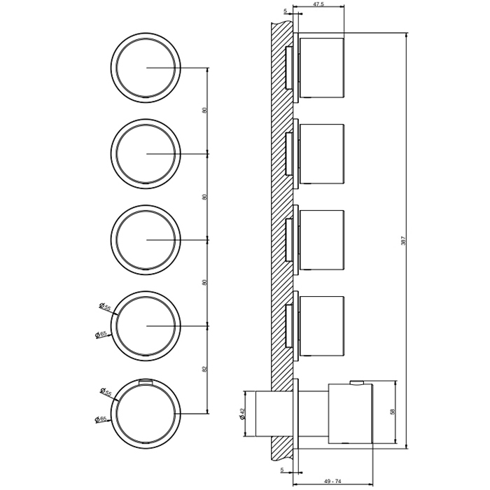 Смесители Смеситель для душа, встраиваемый, термостатический, с переключателем на 4 положения, внешняя часть, цвет: хром 