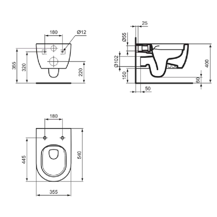 Унитазы Унитаз подвесной 545х360 мм безободковый RimLS+ с покрытием Ideal Plus, с крепежом для скрытого монтажа, цвет белый глянец 