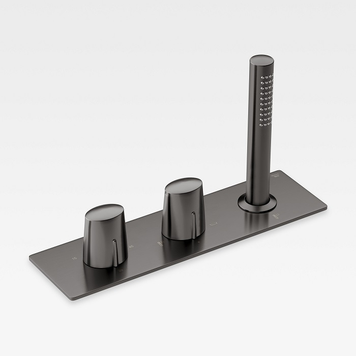 Смесители Термостат на борт ванны на 3 отв с панелью, ручным душем, наполнение через слив-перелив, цвет: nero 