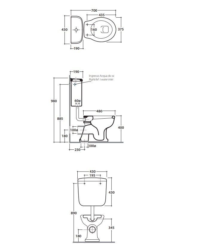 Бачки  для унитазов Бачок для унитаза подвесной средний, без механизма смыва 