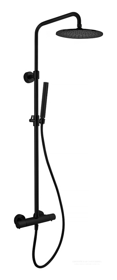 Душевая система Wellness : термостат внешнего монтажа, стойка с верхним душем 250мм, ручной душ латунь, шланг 150см, цвет черный матовый