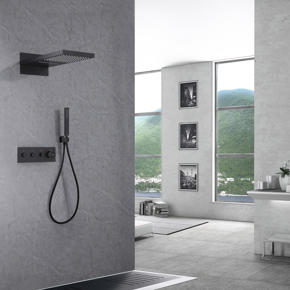 Душевая программа Душевая система скрытого монтажа без излива, термостат, черная матовая 