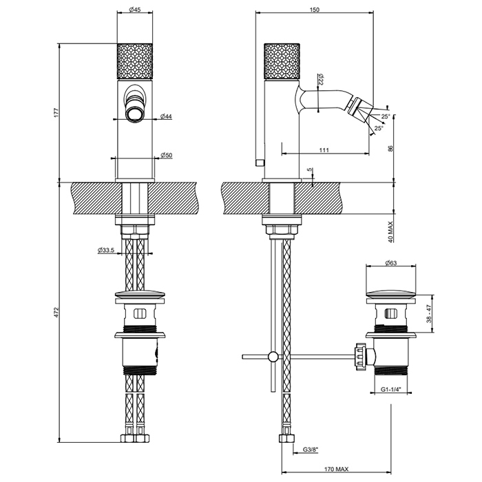 Смесители Intreccio Смеситель для биде, на 1 отв., с донным клапаном, цвет: хром 