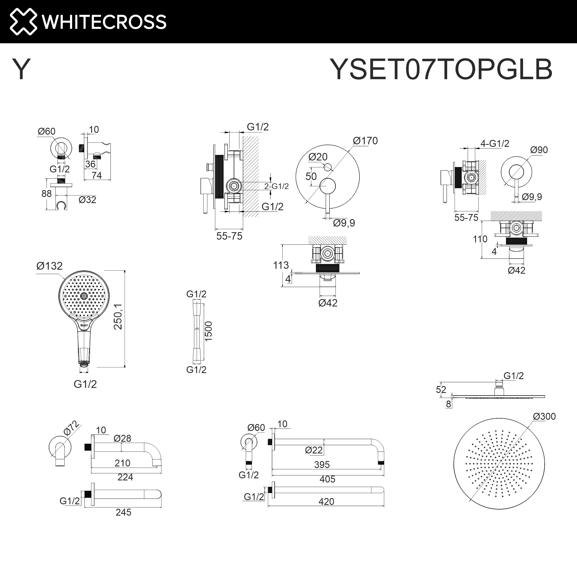 Душевая программа Система для ванны скрытого монтажа YSET07TOPGLB (брашированное золото) 