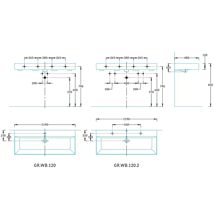 Раковины Раковина мебельная/подвесная 120x48x16,5 см c 2 отв. под смесители с крепежом, с переливом, белая глянцевая 