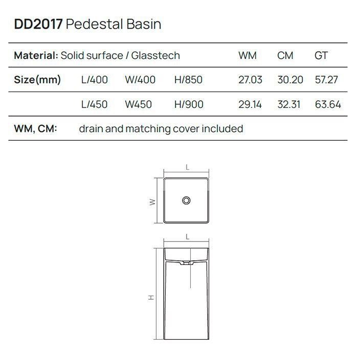 Раковины Раковина напольная 45x45xh90 см, материал: Solid Surface искуственный камень, цвет: White №18 