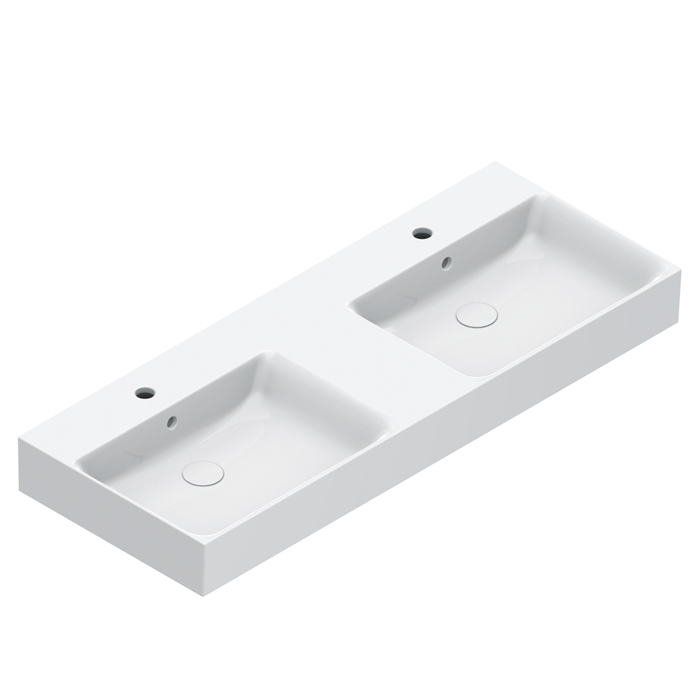 Раковины Раковина 120x47 двойная, с 2 отверстиями под смеситель, покрытие Cataglaze+, цвет белый глянцевый 