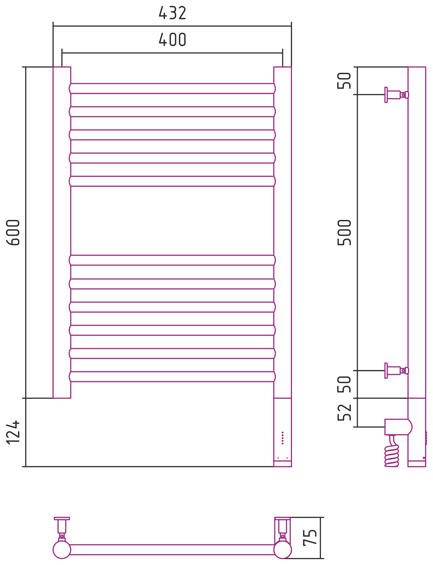 Полотенцесушители Радиатор электрический прямая 600х400 электрический модуль правый 