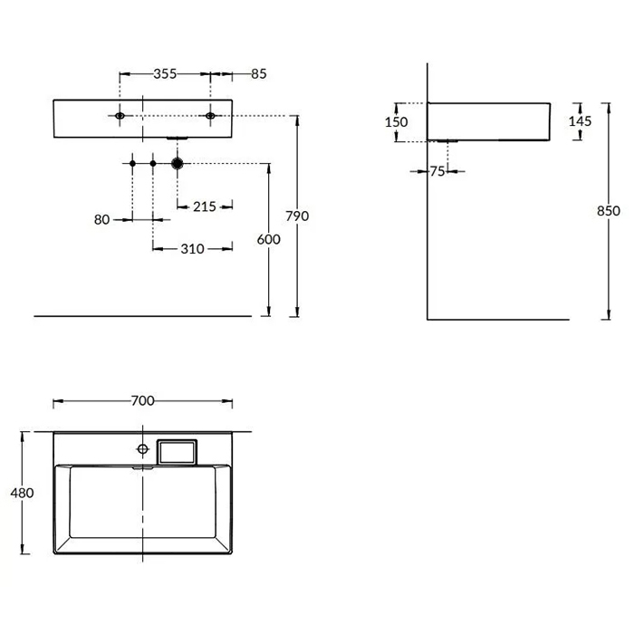 Раковины Раковина мебельная/подвесная с одним отверстием 70x48,14,5 см, с 1 отверстием под смеситель, с переливом, белая глянцевая 