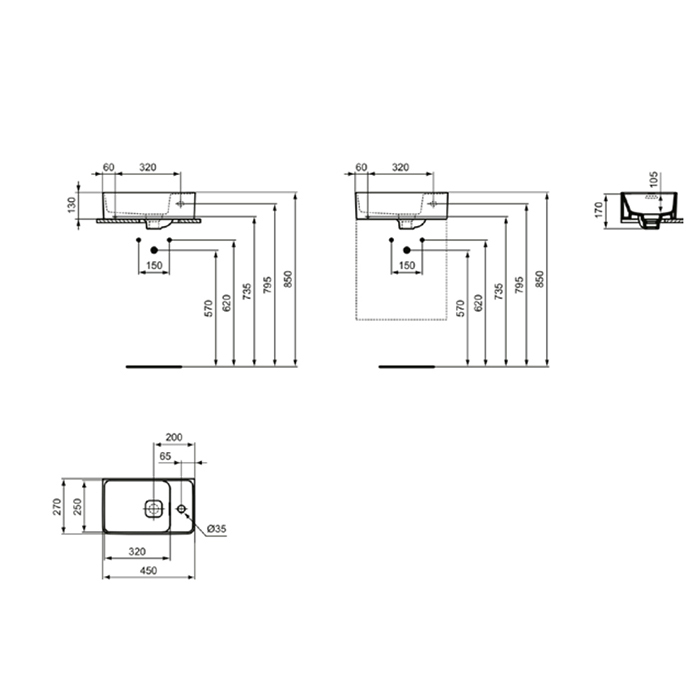 Раковины Раковина 450х270 мм, подвесная, с отверстием под смеситель справа , с крепежом и керам крышкой, цвет белый глянец 