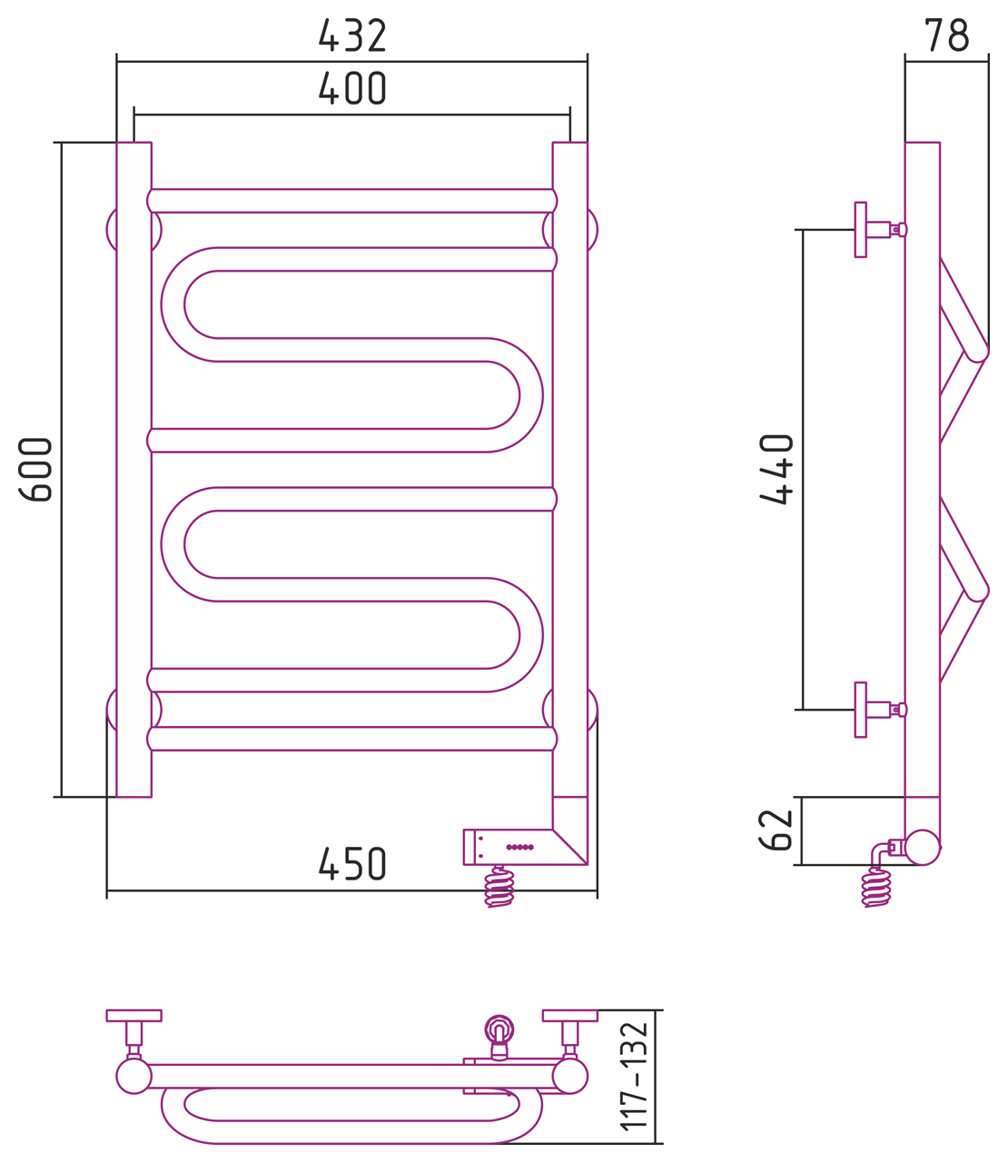 Полотенцесушители Радиатор электрический  600х400 электрический модуль правый 