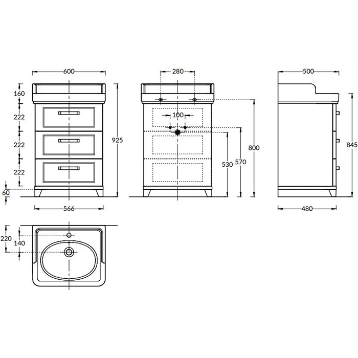 Мебель для ванной Тумба напольная с 3 ящиками 60, белая глянцевая 