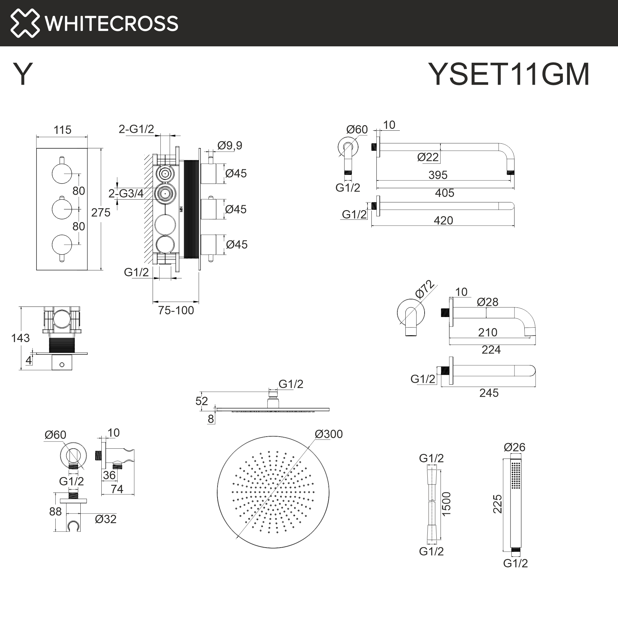 Душевая программа Термостатическая система для ванны скрытого монтажа YSET11GM (оружейная сталь) 