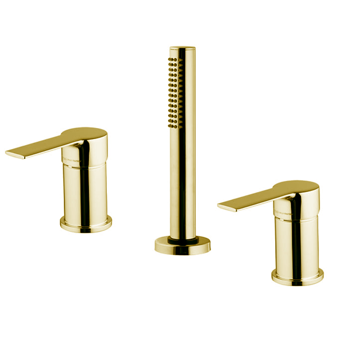 Смесители Смеситель на борт ванны, на 3 отверстия, с ручным душем, цвет золото 