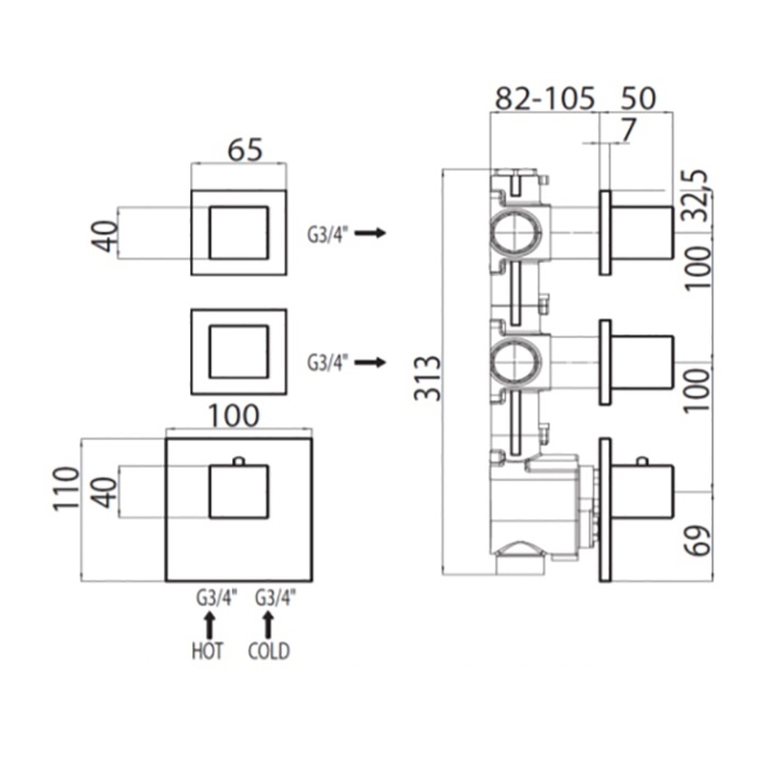 Смесители Наружняя часть термостата для Z030201000, Z030203000, Z030270000 с отдельными панелями, квадратная рукоятка, хром 