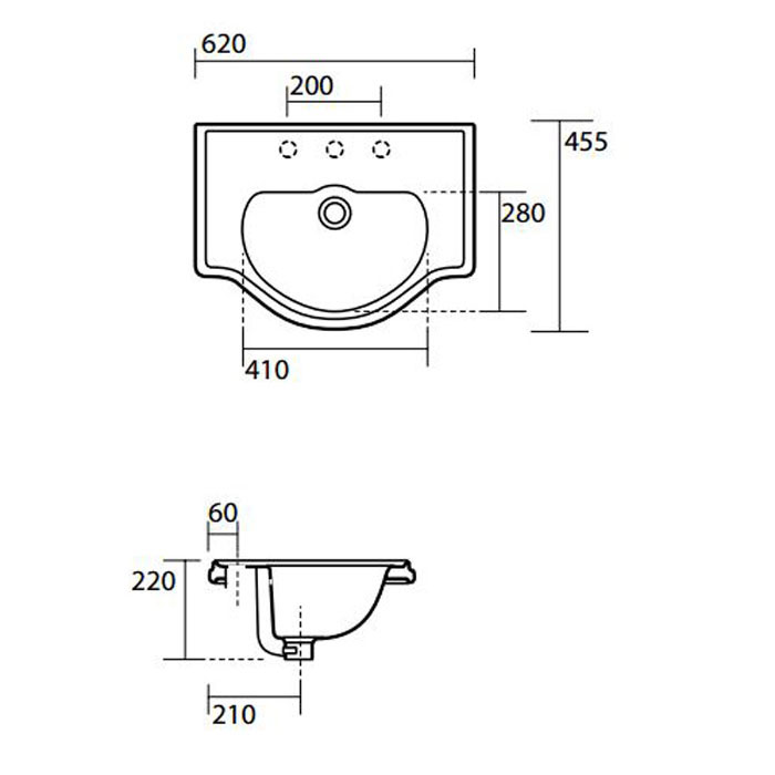 Раковины Раковина 62х45,5 см без отверстий под смеситель, цвет белый 
