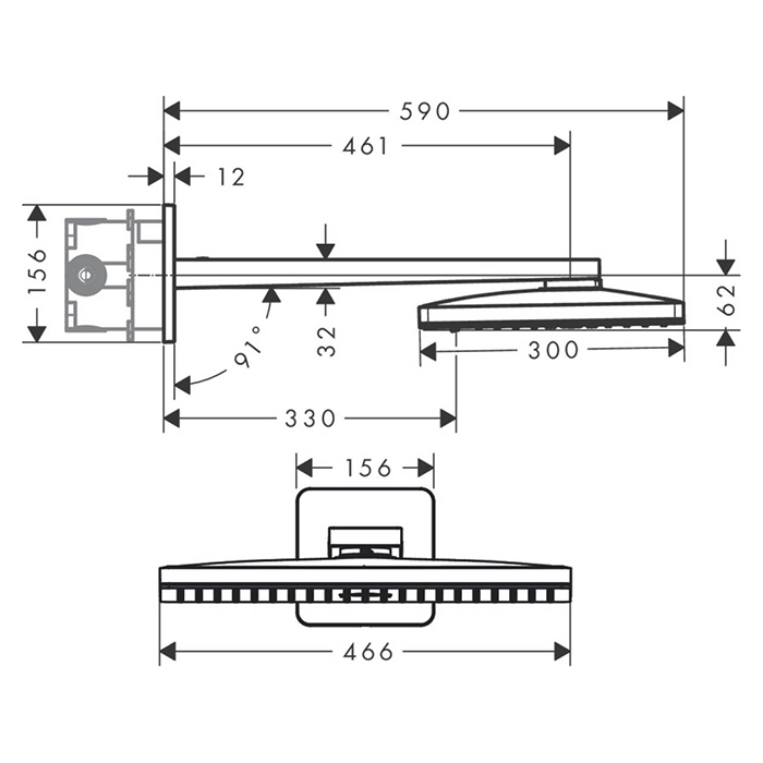Душевая программа Верхний душ 460х300 мм, 2jet, с настенным держателем 460мм, скругленные края розетки, цвет хром 
