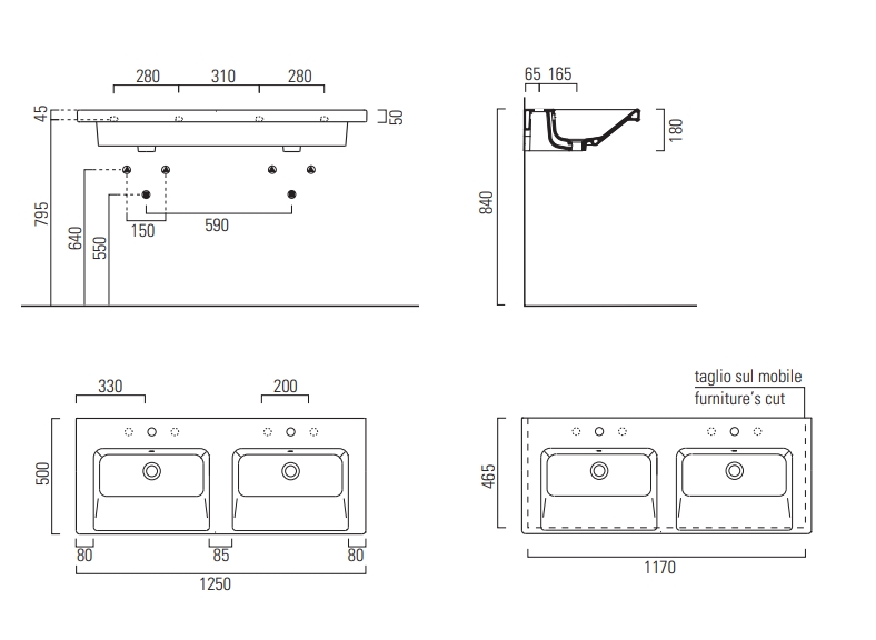 Раковины Раковина двойная подвесная/встраиваемая 500x1250 мм 