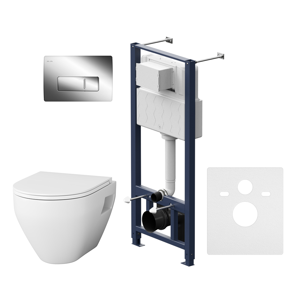 Унитазы Инсталляция с клавишей Pro M глянцевый хром  с подвесным унитазом Spirit V2.0 с сидением микролифт 