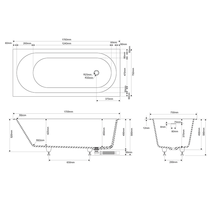 Ванны Ванна 1700х750хh580 мм встраиваемая, цвет grey brown 