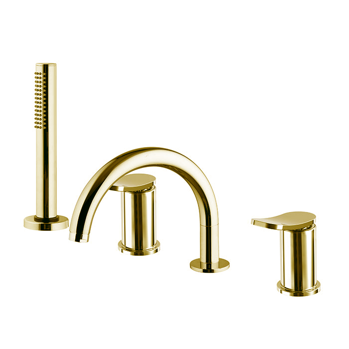 Смесители Смеситель на борт ванны, на 4 отверстия, с ручным душем, цвет золото 