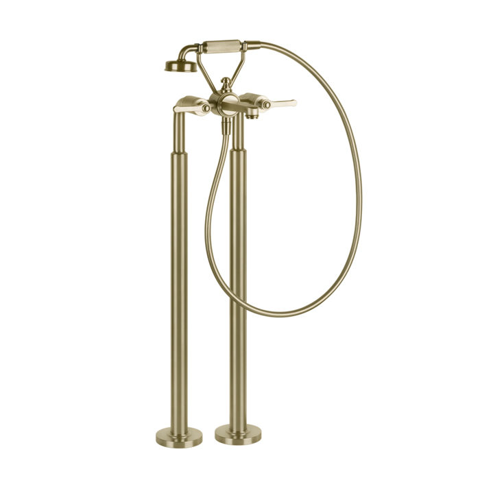 Смесители Смеситель для ванны напольный, двухвентильный, с ручным душем и шлангом 1500 мм, внешняя часть, цвет Brushed Brass PVD 