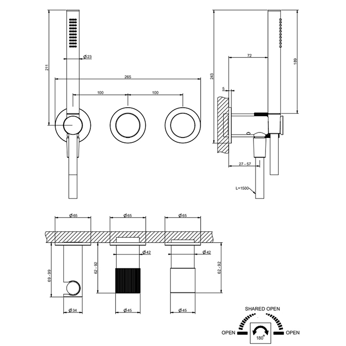 Смесители Rigato Смеситель настенный встраиваемый, однорычажный, с перелючателем на 2 положения, с ручным душем, настенным держателем, цвет: Black Metal PVD 