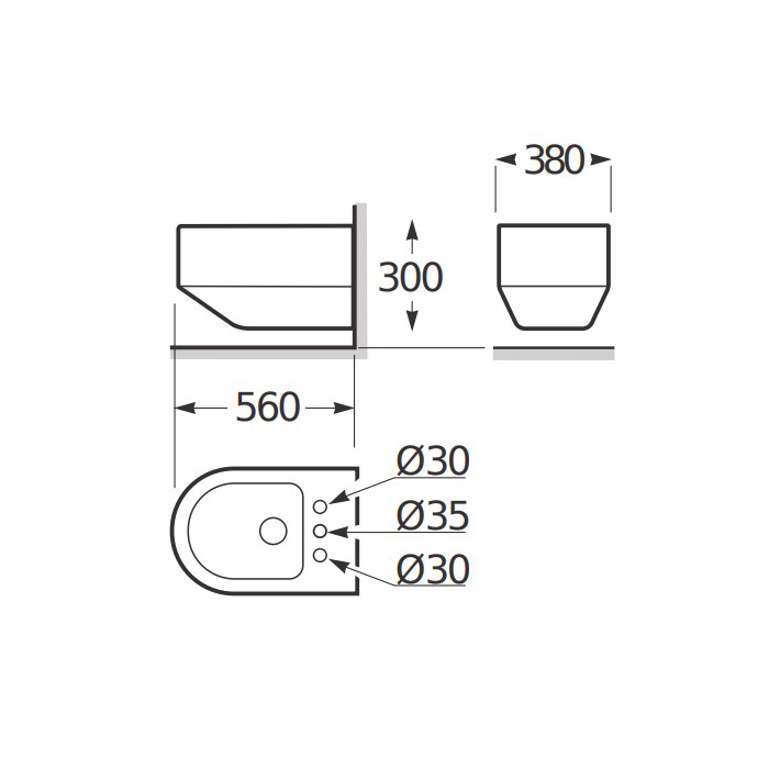 Биде Биде подвесное 56x38x30см с 3 отв. под смеситель, цвет: белый 