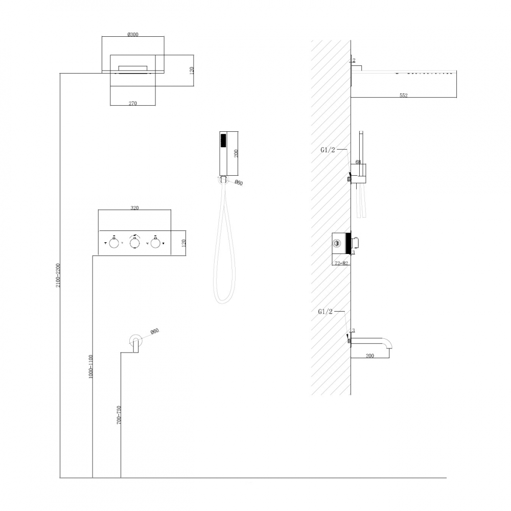 Душевая программа Душевая система скрытого монтажа с изливом, термостат, розовое золото 