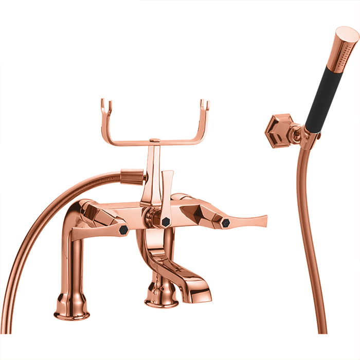 Смесители Смеситель на борт ванны двухрычажный, с душевым комплектом, цвет розовое золото/черный 