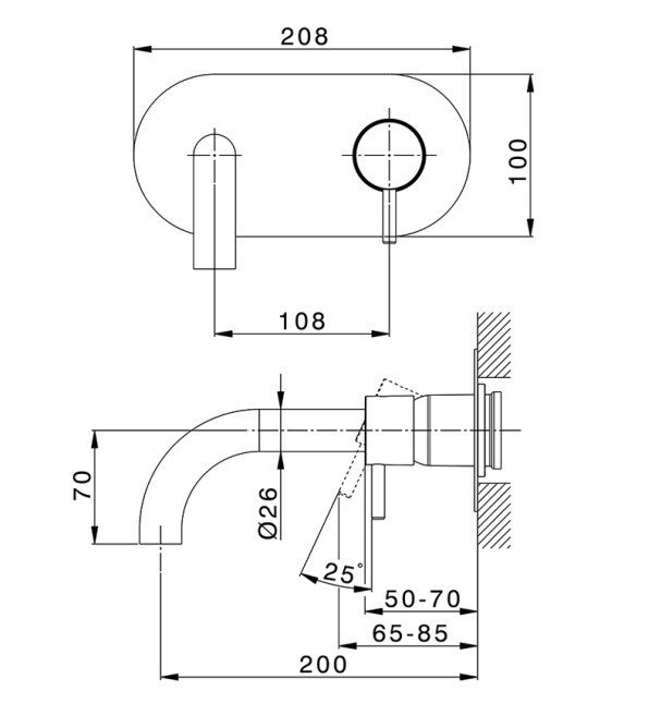 Смесители Смеситель для раковины настенный однорычажный , излив 200 мм, (без встроенной части ZA025510), цвет черный матовый 
