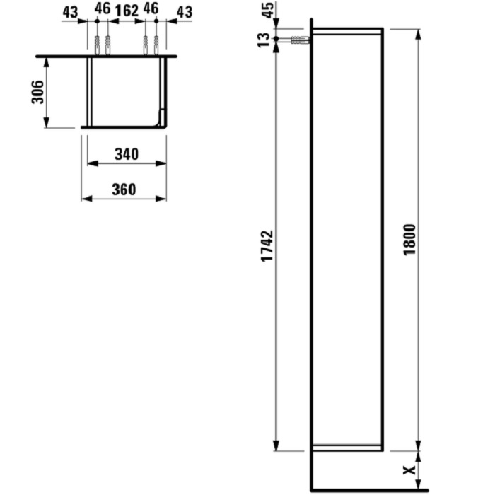Мебель для ванной Laufen INO Шкаф подвесной, 360х305х1800мм, с 1 дверцей, DX, цвет: белый матовый 