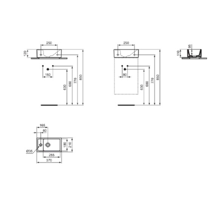Раковины Раковина 370х210xh120 мм, подвесная, с отверстием под смеситель слева, без перелива, без крепежа, цвет белый 