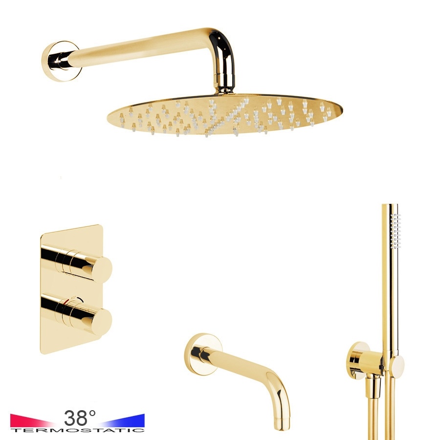 Душевая система с функцией наполнения ванны - комплект с термостатом, золото