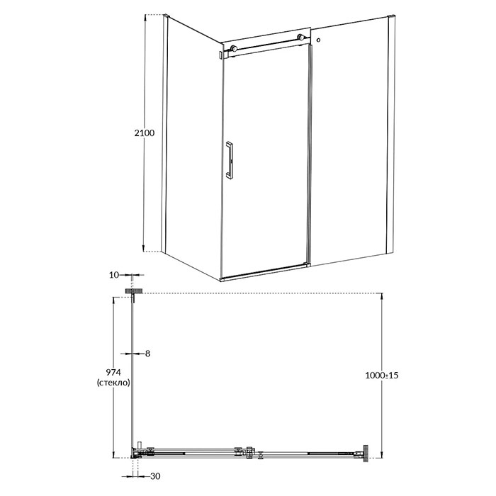 Душевые кабины и ограждения Душевая боковая панель, 100х210, брашированный никель 