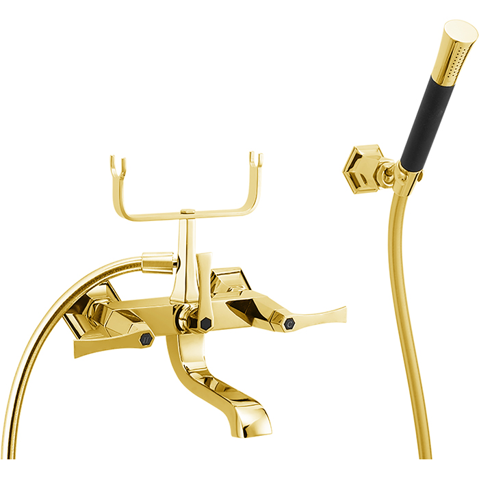 Смесители Смеситель двухвентильный настенный для ванны/душа с ручной лейкой, держателями и шлангом, цвет золото/черный матовый 