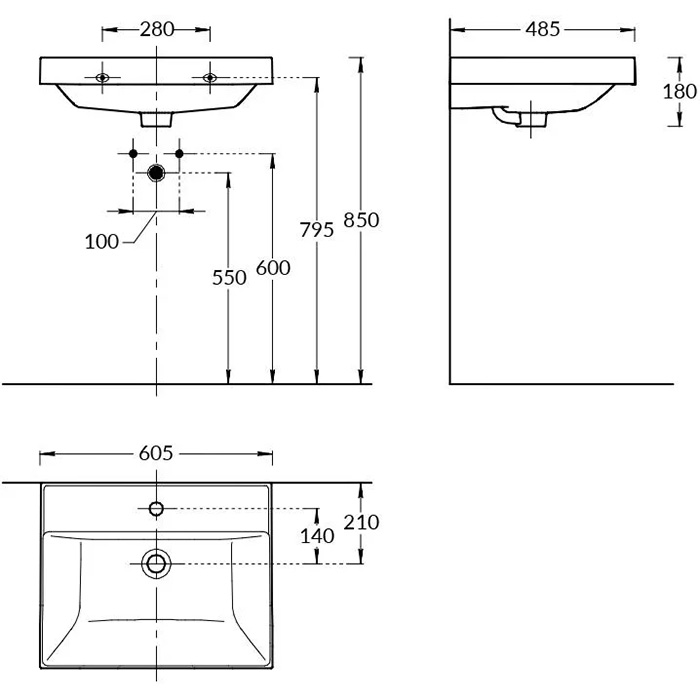 Раковины Раковина подвесная/мебельная 60,5x48,5x18 см, с 1 отверстием под смеситель, с переливом, белая глянцевая 