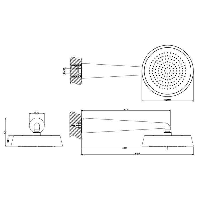 Душевая программа Душевая головка шарнирная для настенного крепления, кронштейн 400 мм, с защитой от известкового налёта, цвет черный матовый 