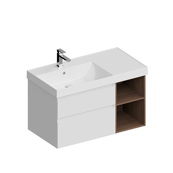 Тумба левая подвесная с ящиками 90, белая матовая-древесная