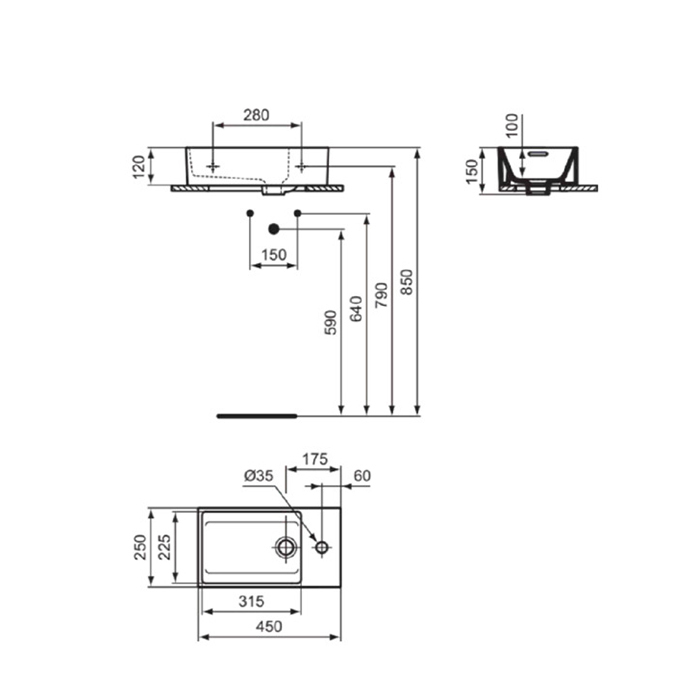 Раковины Раковина 450х250xh120 мм, подвесная, с отверстием под смеситель справа и переливом, с крепежом, цвет белый 