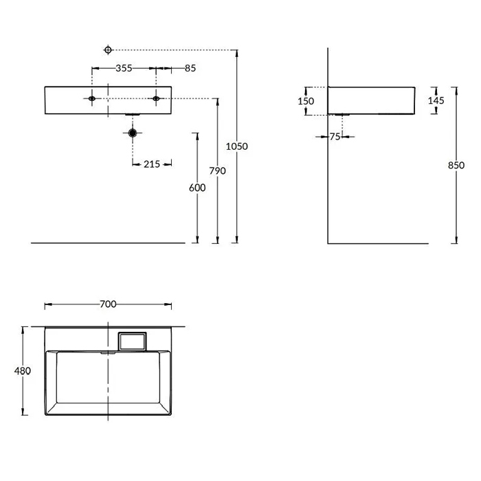Раковины Раковина мебельная/подвесная, 70x48x14,5 см, без отверстий под смеситель, с переливом, белая глянцевая 